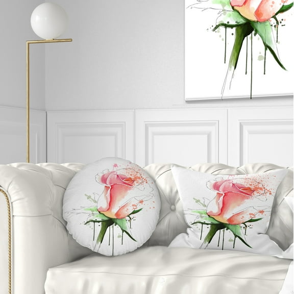 Designart Pink Rose Sketch with Green Calyx - Floral Throw Pillow - 12x20