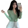 thumbnail image 1 of Women‘s Solid Long Sleeve V-Neck Thin Blouse Sun Protection Button Up Knitted Cardigan, 1 of 6