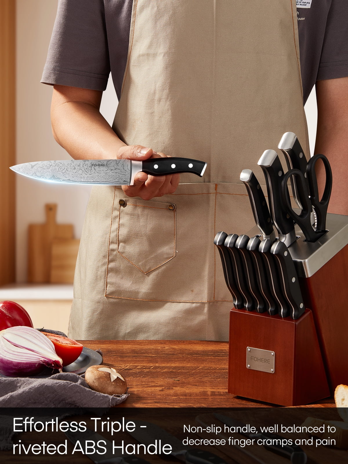 FOHERE 14 Pcs Knife Set with Self-sharpening Technology, Waved Texture Kitchen Knives, Stainless Steel