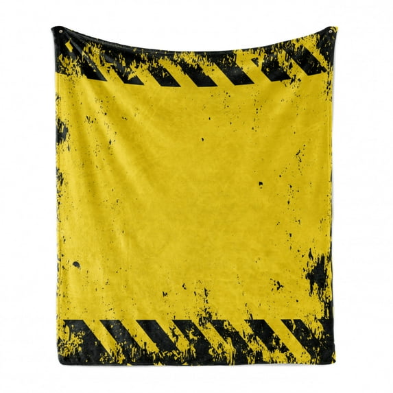 Vintage Yellow Soft Flannel Fleece Blanket, Hazard Theme Caution Construction Tape Illustration with Grunge Look, Cozy Plush for Indoor and Outdoor Use, 50" x 70", Yellow and Black, by Ambesonne
