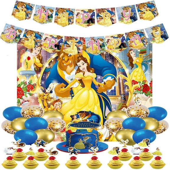 Belle Birthday Party Supplies, Beauty Themed Party Set, Include Happy Birthday Banner, Backdrop, Balloons, Cupcake Toppers, for Kids Birthday, Baby Shower