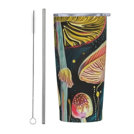 

mushroom depictions 20 oz insulated cup stainless steel travel cup with lid and straw leak proof portable coffee cup car camping outdoor insulated cup