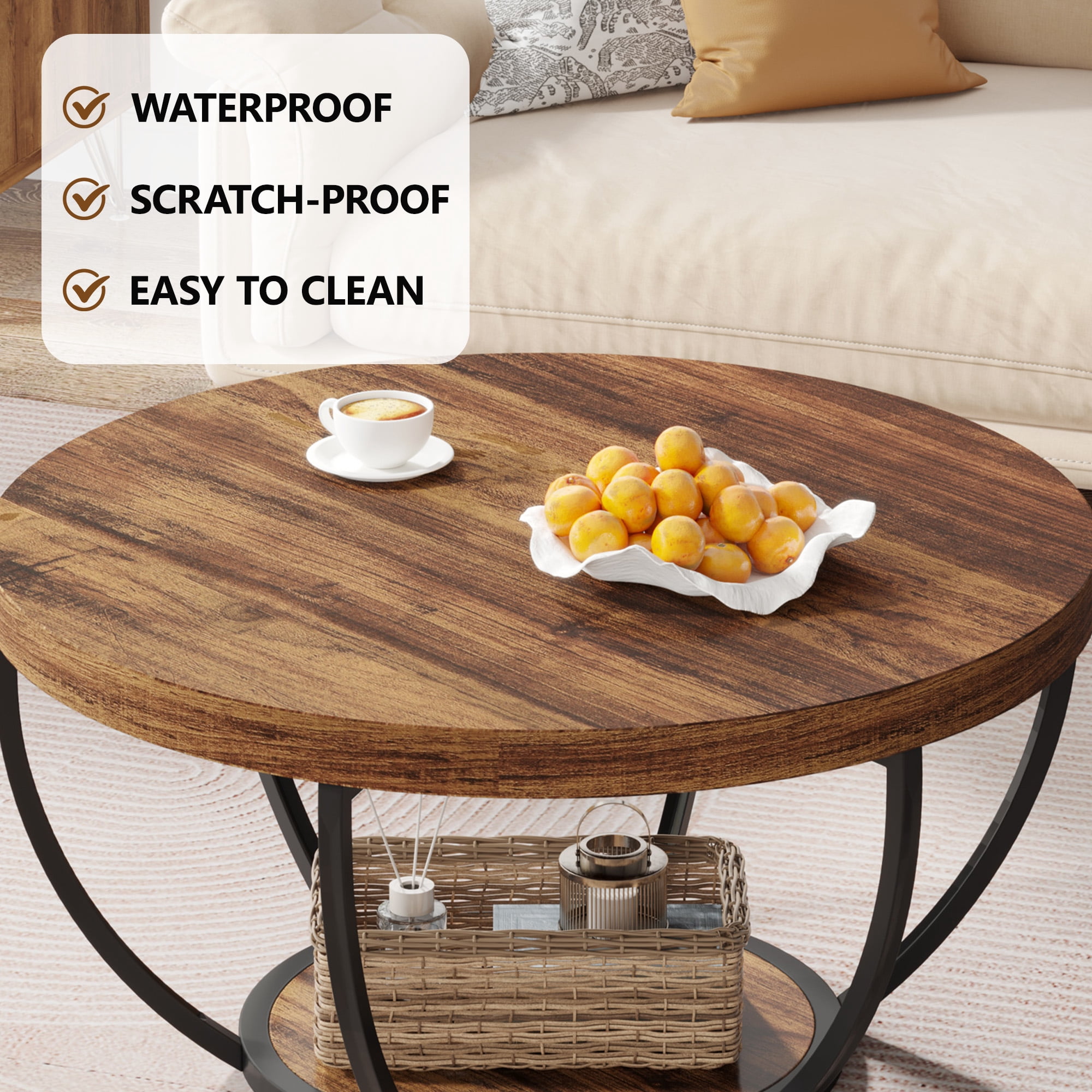 MAYEERTY 2 Tier Round Coffee Table Thickened Engineered Wood Sturdy Metal Base