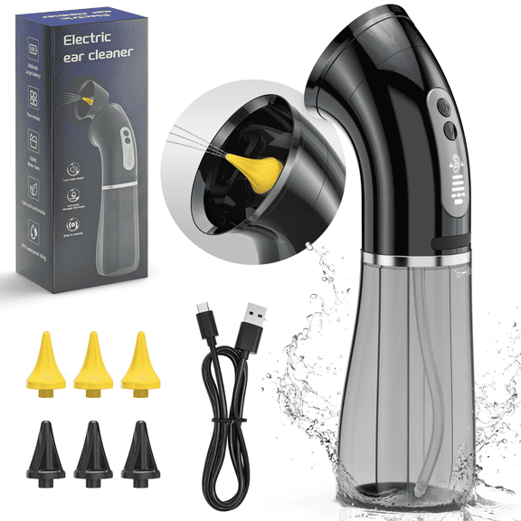 VIIWII Electric Ear Wax Removal Tool with 2-in-1 Dual Water Tank 3 Pressure Modes Ear Cleaner Kit for Adults Waterproof Ear Irrigation Flushing System 12 Wash Tips USB-C Cable Black