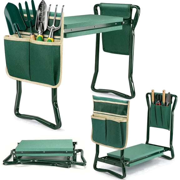 ReLuien Garden Kneeler and Seat, Heavy Duty Foldable Gardening Stool with Thick Soft Kneeling Pad and 2 Tool Pouches, Green