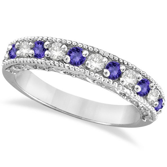 Diamond and Tanzanite Band Filigree Design Ring 14k White Gold (0.60ct)