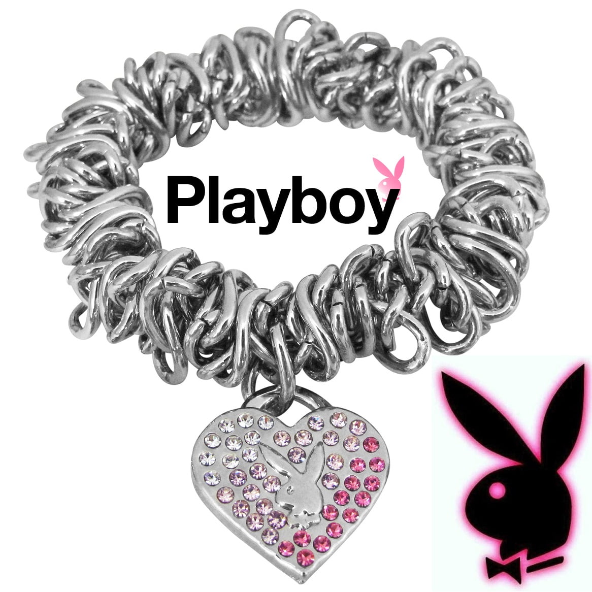 Playboy Jewelry Set Bracelet Earrings Heart Charm Bunny Logo Stretch