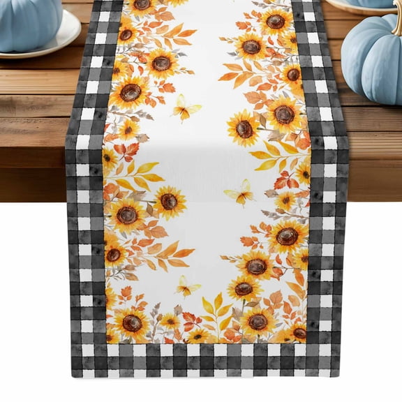 ERUNPONLY Fall Sunflowers Table Runner - 108 Inch Long Country Floral Leaves Butterfly Plaid Cotton and Linen Blended Dress Scarves Farmhouse Table Runner for Kitchen Dining, Coffee Table, 13" x 108"