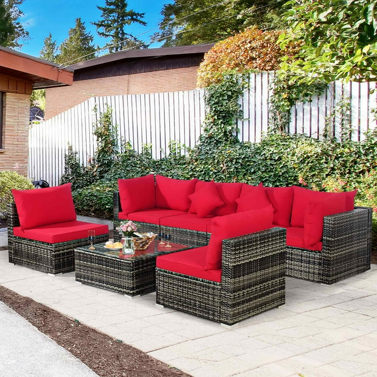 Costway 7PCS Patio Rattan Furniture Set Sectional Sofa Garden Red