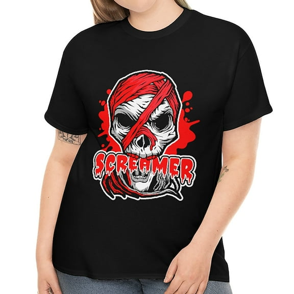 Screamer Halloween Shirts for Women Plus Size 1X 2X 3X 4X 5X Evil Skeleton Halloween Costumes for Plus Size Women