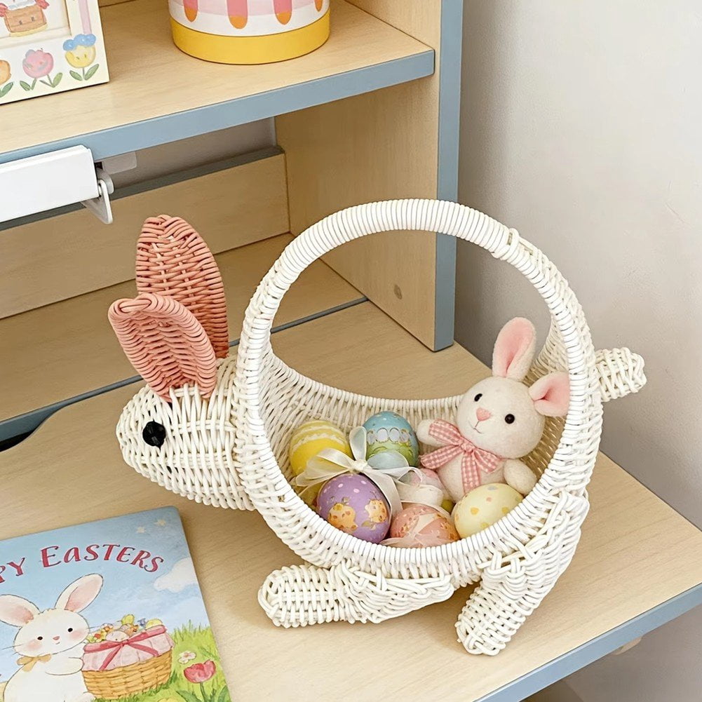 Bunny Shape Woven Basket with Handle Easter Egg Basket Rattan Storage Basket for Fruit Flower Candy and Egg Gathering