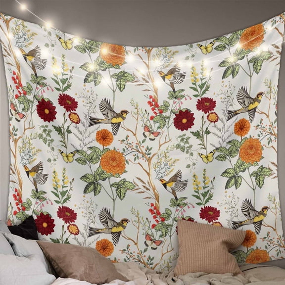 Vintage Flower Tapestry for Bedroom Wall Hanging Tapestry, Farmhouse Bird Butterfly Red Floral Ceiling Backdrop Tapestries Poster Blanket Wall Decor for Teens Room Living Room Dorm 51" x 59"