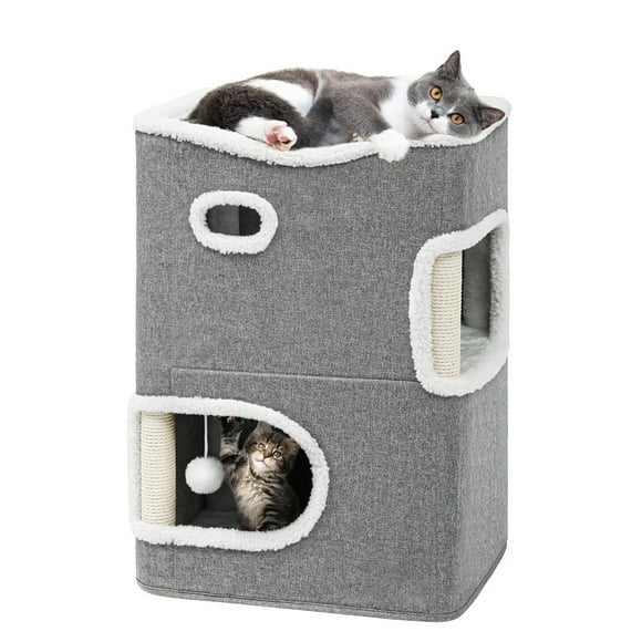 Cat House, Cat Beds for Indoor Cats with Scratching Post, 2 Level Cat Cave Bed with Hanging Fluffy Ball, Modern Cat Condo with Pad for Multi-cat Household, Grey
