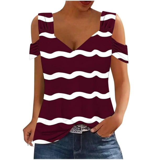 Camisas de Manga Corta para las Mujeres, Cuello en V Plegable de Impresión Del Hombro Top Casual Hecho de Poliéster Cómodo para el Verano, Tops de Bikini para las Mujeres