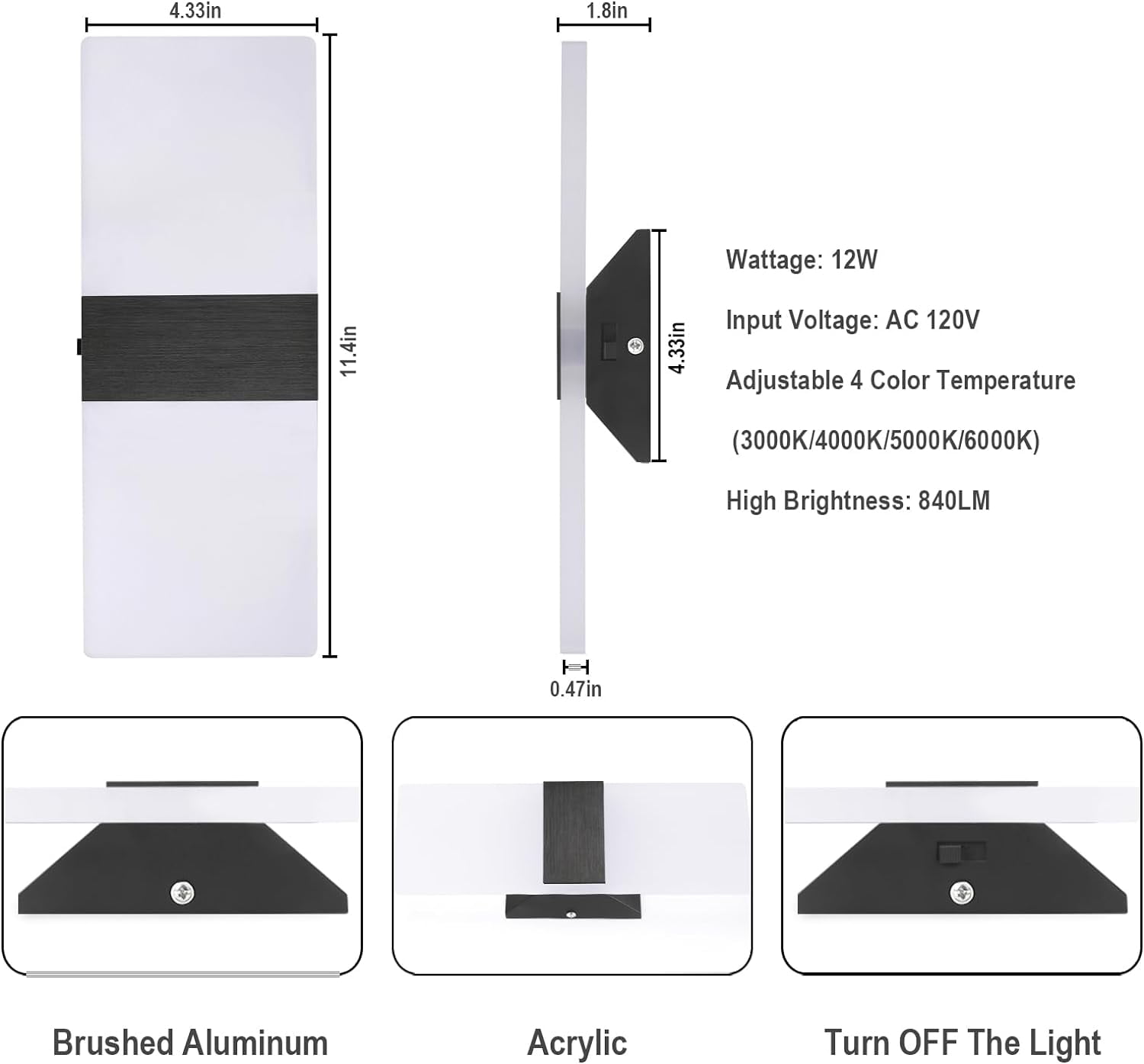 Modern Wall Sconces, Dimmable Wall Sconces Set of 2 Wall Mounted Lights 12W 6000K Cool White Hardwired Wall Sconce Lighting for Bedroom Bedside Living Room Stairway Hotel
