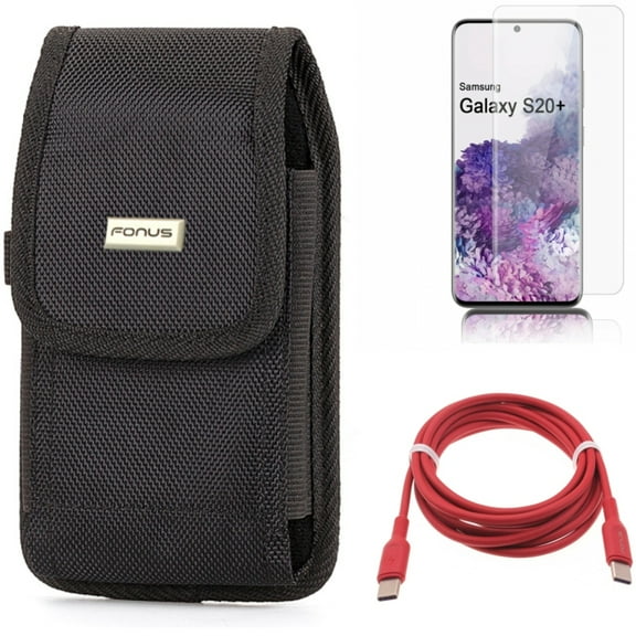 Case Belt Clip w Screen Protector w Red 6ft Long Cable for Samsung Galaxy S20 Plus - Rugged Holster Canvas, Tempered Glass [Fingerprint Unlock] 3D Curved Edge, USB-C to Type-C PD fits Galaxy S20 Plus