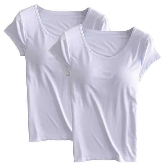 Kaemgyyd Plus Size Tops for Women 2 Pack Short Sleeve Built in Bra T-Shirts Cozy Basic Solid Crew Neck Pajamas Tee Sleepwear