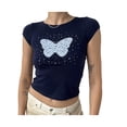 thumbnail image 2 of VISgogo Camiseta informal para mujer, manga corta, estampado de lunares de mariposa, cuello redondo, ropa de calle de ocio, camiseta de verano VISgogo  moda, 2 of 6