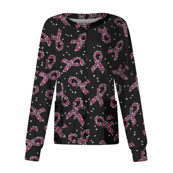 IYYVV Scrub Tops Women Snap Front Crew Neck Long Sleeve Scrubs Jackets Stretch Medical Uniforms Nurse Workwear Scrub Jacket with Pockets Black L