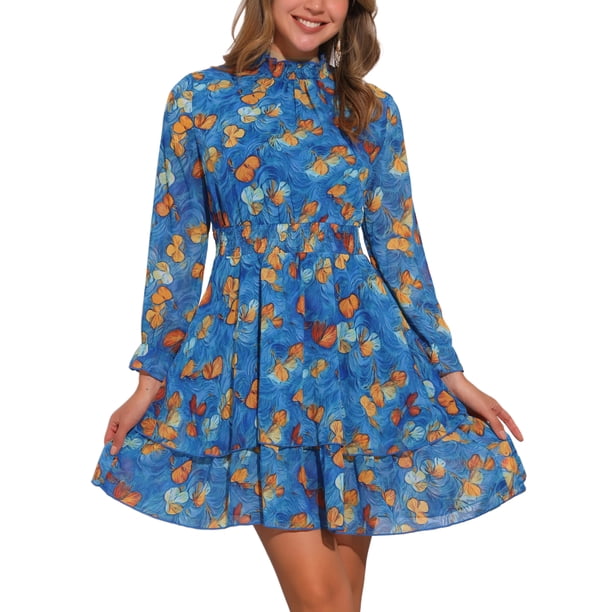 INSPIRAR CHIC Vestido Mini de Manga Larga Floral para Mujer con Escote Fruncido y Volantes Vestido Casual de Gasa Azul Marino M