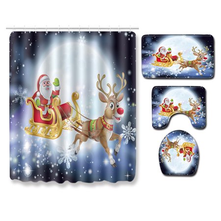 4 Pieces Shower Curtain Set,Christmas Waterproof Print Non-Slip Rug+ Toilet Lid Cover+ Bath Mat