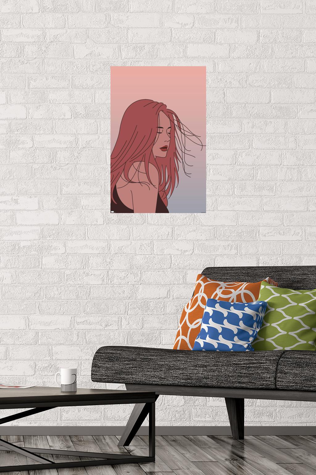 Hand Drawn Woman With Blowing Hair Wall Poster, 14.725" x 22.375"