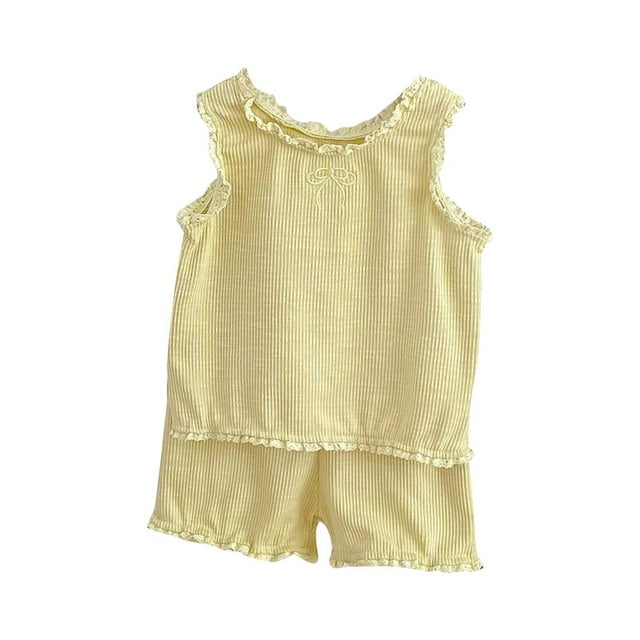 Toddler Girls Summer Outfits Ruffle Sleeveless Tank Top and Short 2 Piece Cotton Clothes Set Yellow 1-2 Years