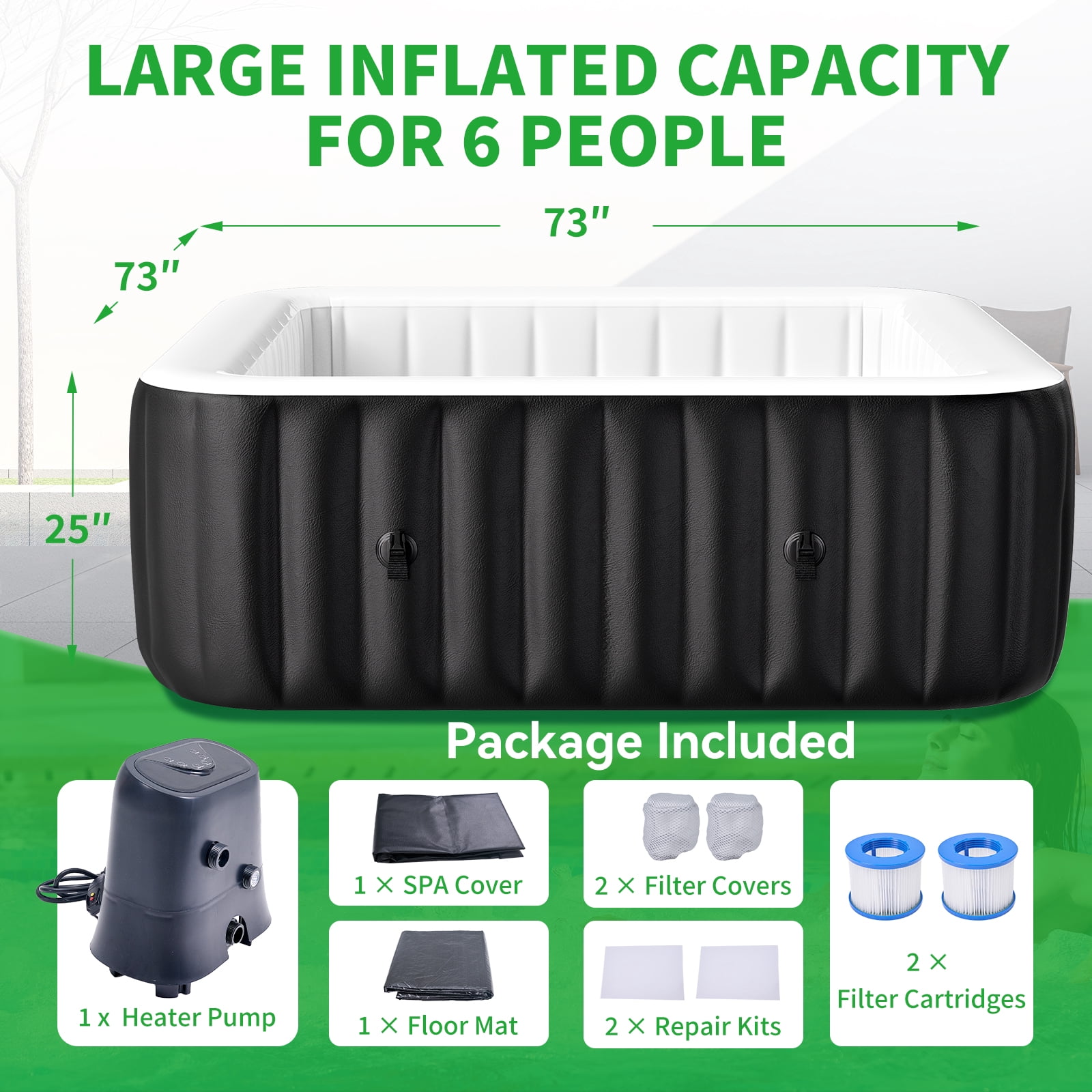 MOPHOTO 4-6 Person Inflatable Hot Tub, 73” X 73”X 25” Large Square Blow Up Portable Hot Tub, Leak-Proof PVC Outdoor Spa with 130 Air Jets, Insulated Cover and Heater Pump