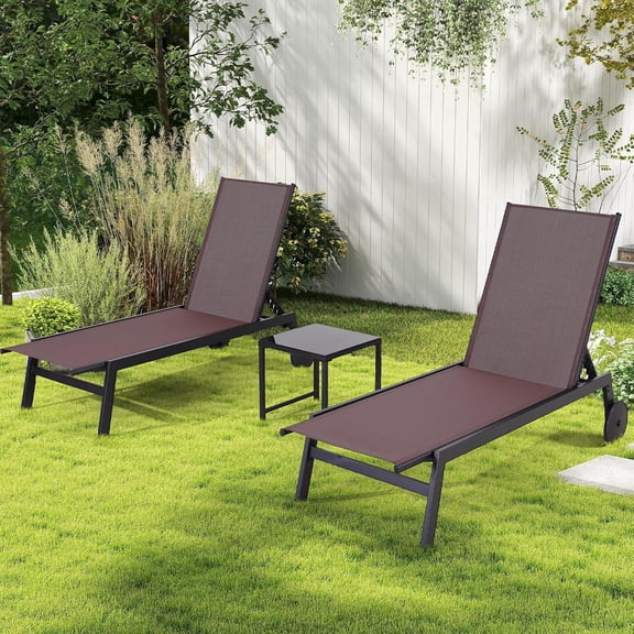 Patio Chaise Lounge Chair Set of 2 with Table, 3PCS Outdoor Lounge Chairs with Wheels and Adjustable Backrest, Waterproof Poolside Lounge Chairs