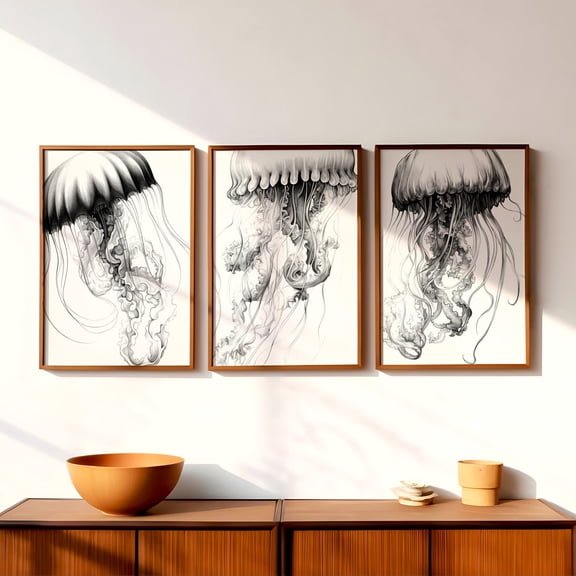 Luvia Set Of 3 Oversized Jellyfish Posters, Triptych Poster, Black And White Art, Underwater Animal Posters, Gallery Wall, Modern Decor Set 3 Prints 8x12 UNFRAMED