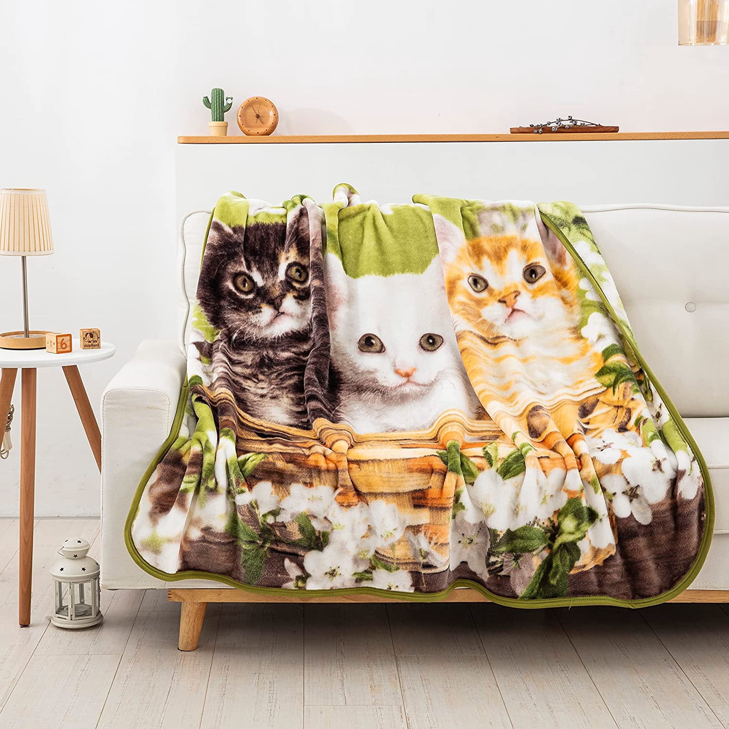 Basket of Kittens Raschel Throw Blanket, 50 x 60 inches Green