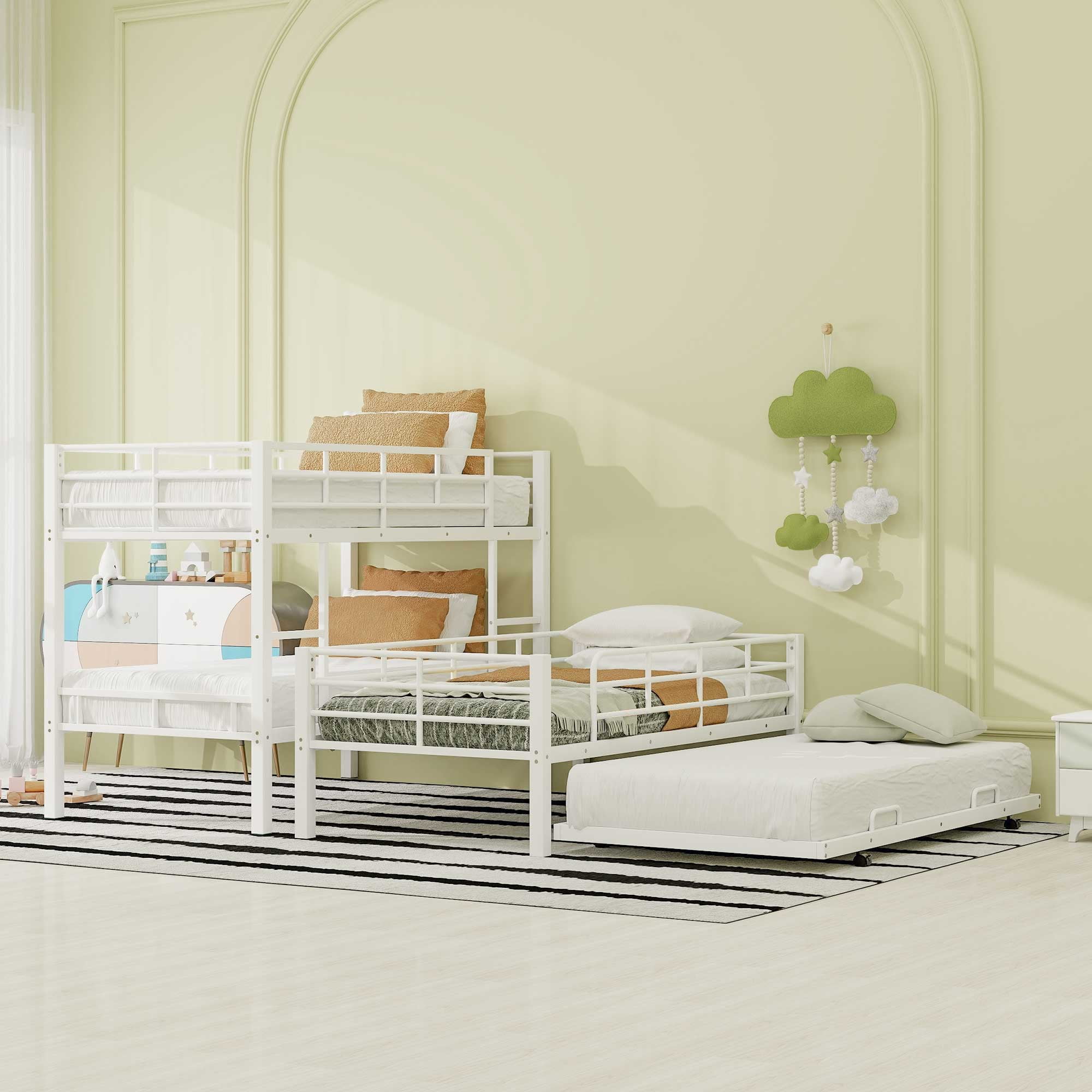 Euroco Metal Twin Triple Bunk Bed with Trundle, Convertible 4 Beds in One Bunk for Kids, White