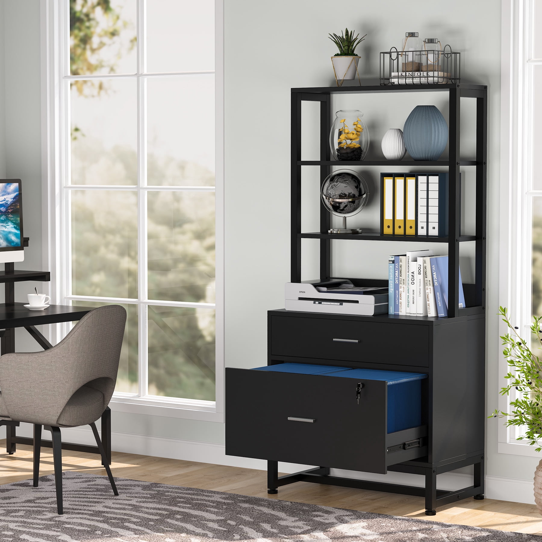 Tribesigns 2 Drawer Locking File Cabinet with Bookshelf Black Durable Storage