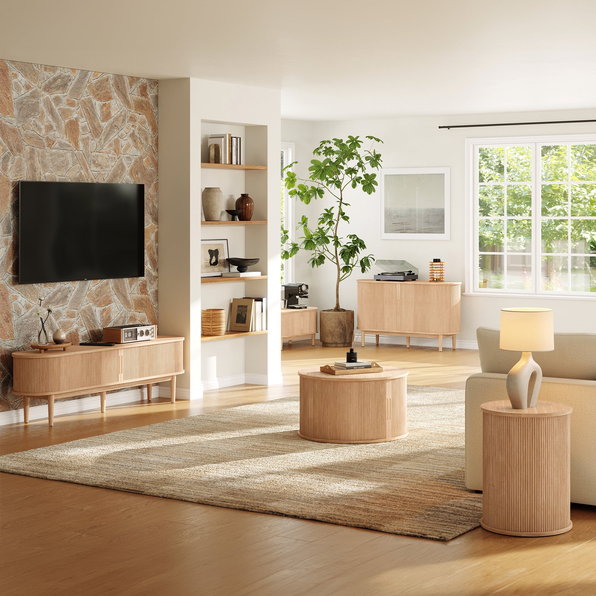 LINSY HOME Fluted Coffee Table Round with Large Storage, Mid-Century Coffee Table for Living Room with Sliding Tambour Door, Oak