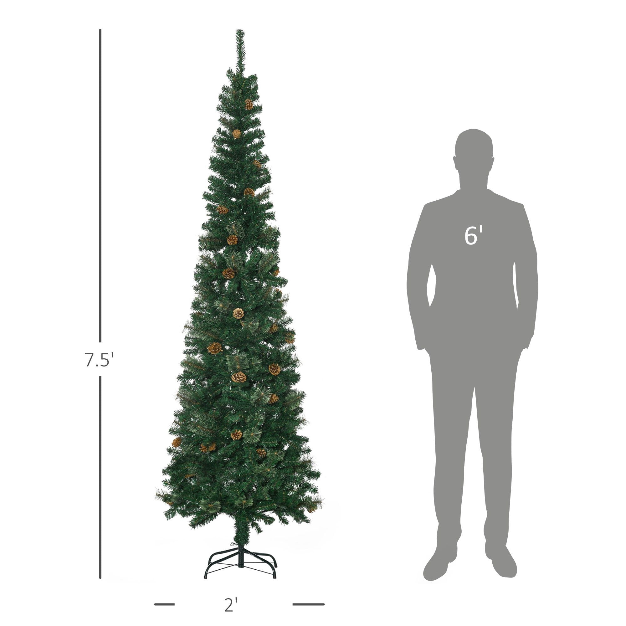 7.5 ft Pencil Artificial Christmas Tree, Slim Pine Needles with Realistic Branches, Pine Cones, Metal Base, 706 Tips, Indoor Holiday Decor