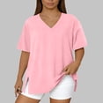 thumbnail image 5 of Olyvenn Oversized Tops for Women Loose Fit V Neck Side Split Shirts Comfy Short Sleeve Plain Pullover Tee 2026 Summer Fashion Top Pink XL, 5 of 6