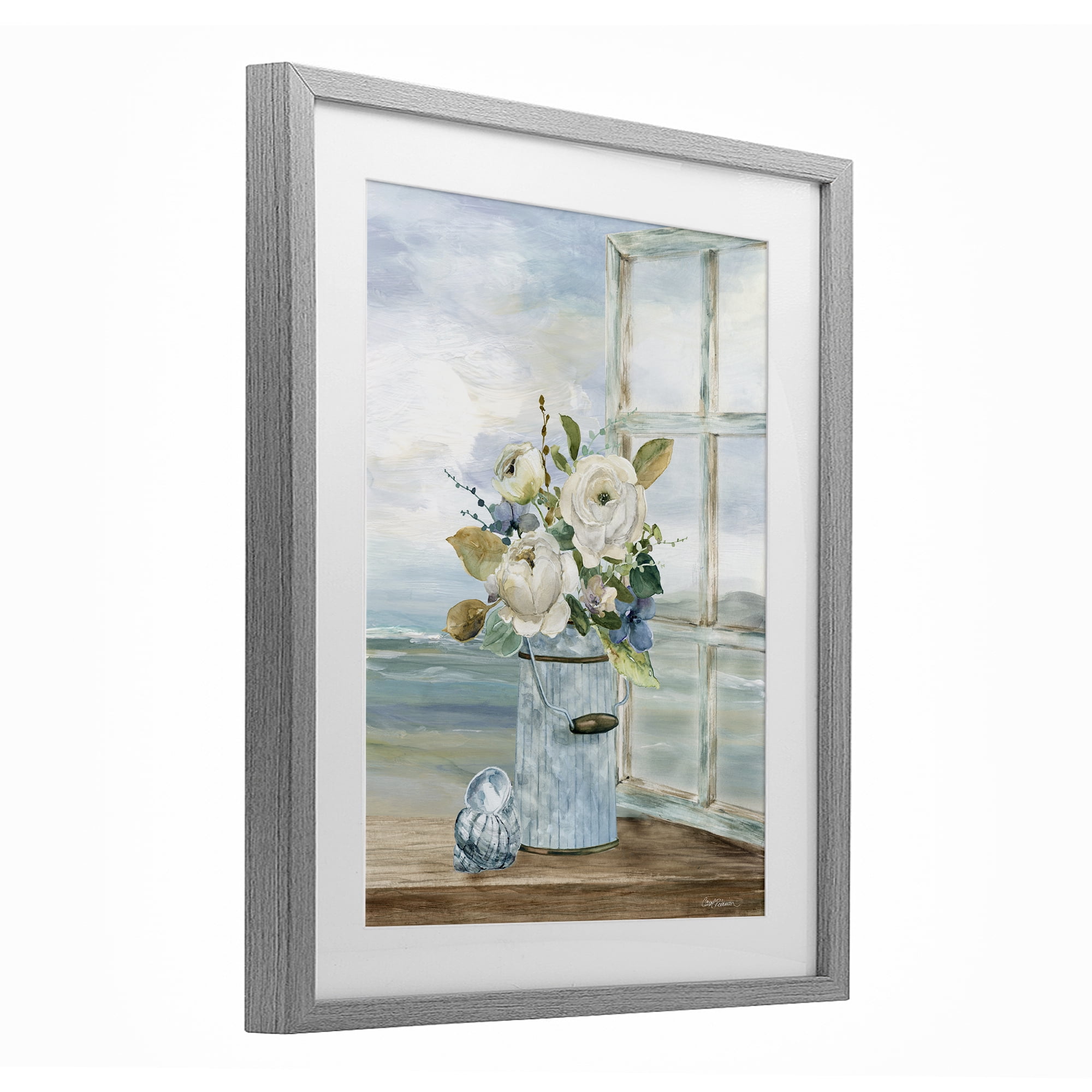 Stupell Industries Seaside Florals on Windowsill Gray Framed Print Under Glass, design by Carol Robinson