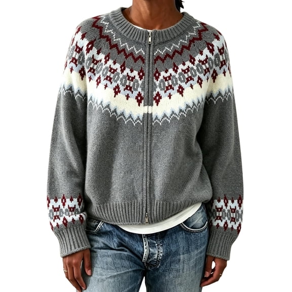 Garbnen Fair Isle Cardigan Sweater Women Vintage Long Sleeve Open Front Womens Cardigans Lightweight Crew Neck Full Zip Fashion Fall Winter Outwear Gray Cardigans for Women Knit Coat XXXL
