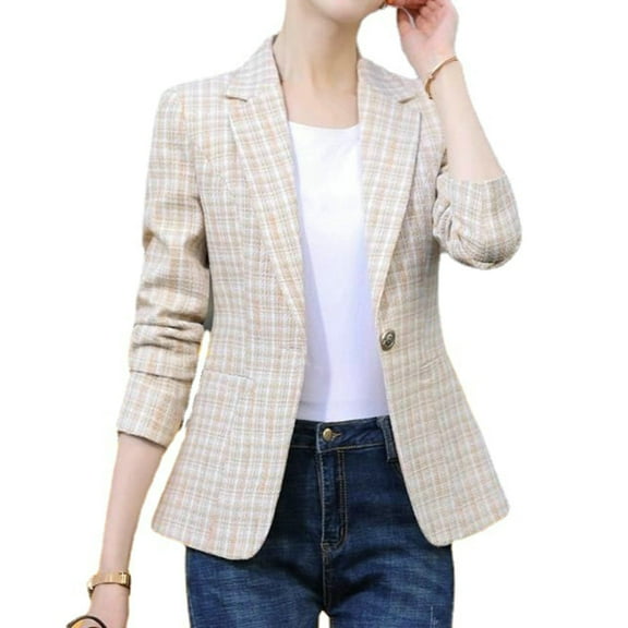 comerut Women Blazer Plaid Print Contrast Color Turn-down Collar Cardigan Long Sleeves Warm Business Anti-wrinkle Autumn Coat for Work