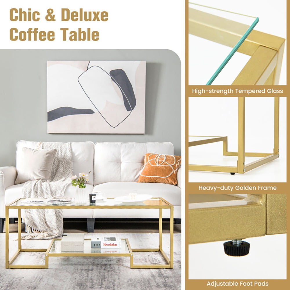 Finihen Coffee Table, Glass Coffee Table, Modern 2-Tier Rectangular Coffee Table with Glass Table Top, for Living Room, Reception Room, Golden Finihen Coffee Table, Glass Coffee Table, Modern 2-Tier Rectangular Coffee Table with Glass Table Top, for Living Room, Reception Room, Golden