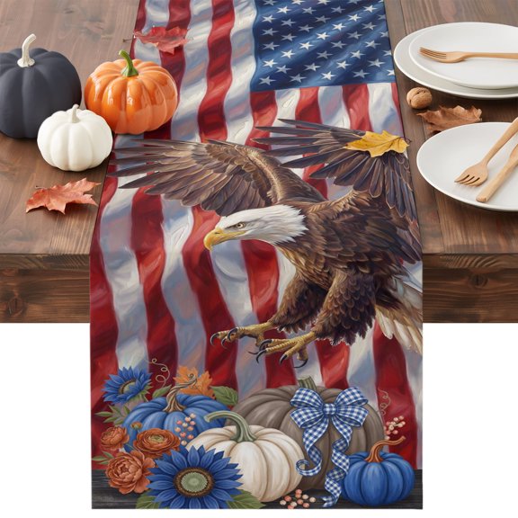 Independence Day Pumpkin Table Runner, Country Bald Eagle USA Flag Flowers Bow Washable Cotton-linen Table Runners Dining Kitchen Decoration for Everyday Home Wedding Party Decor, 13 x 36 Inch