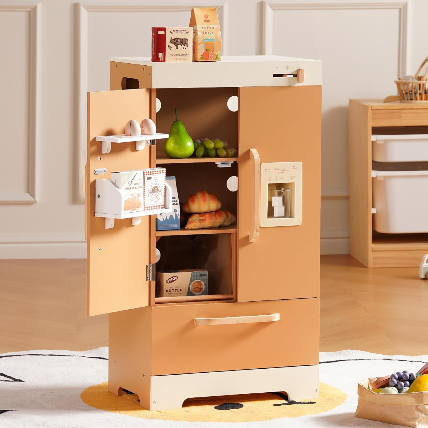 Robud Play Kitchen for Toddlers,Fridge Refrigerator with Ice Dispenser,Wooden Kids Play Kitchen Playset Toy,Gift for Ages 3+,Caramel