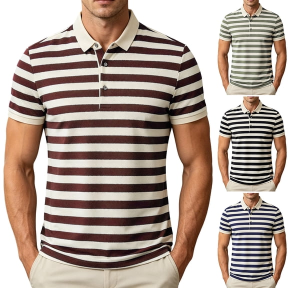 Mens Polo Shirts Loose Bussiness Striped Shirt Cotton Moisture Wicking Classic Collared Casual Golf Shirts for Middle-aged Size M-4XL Coffee