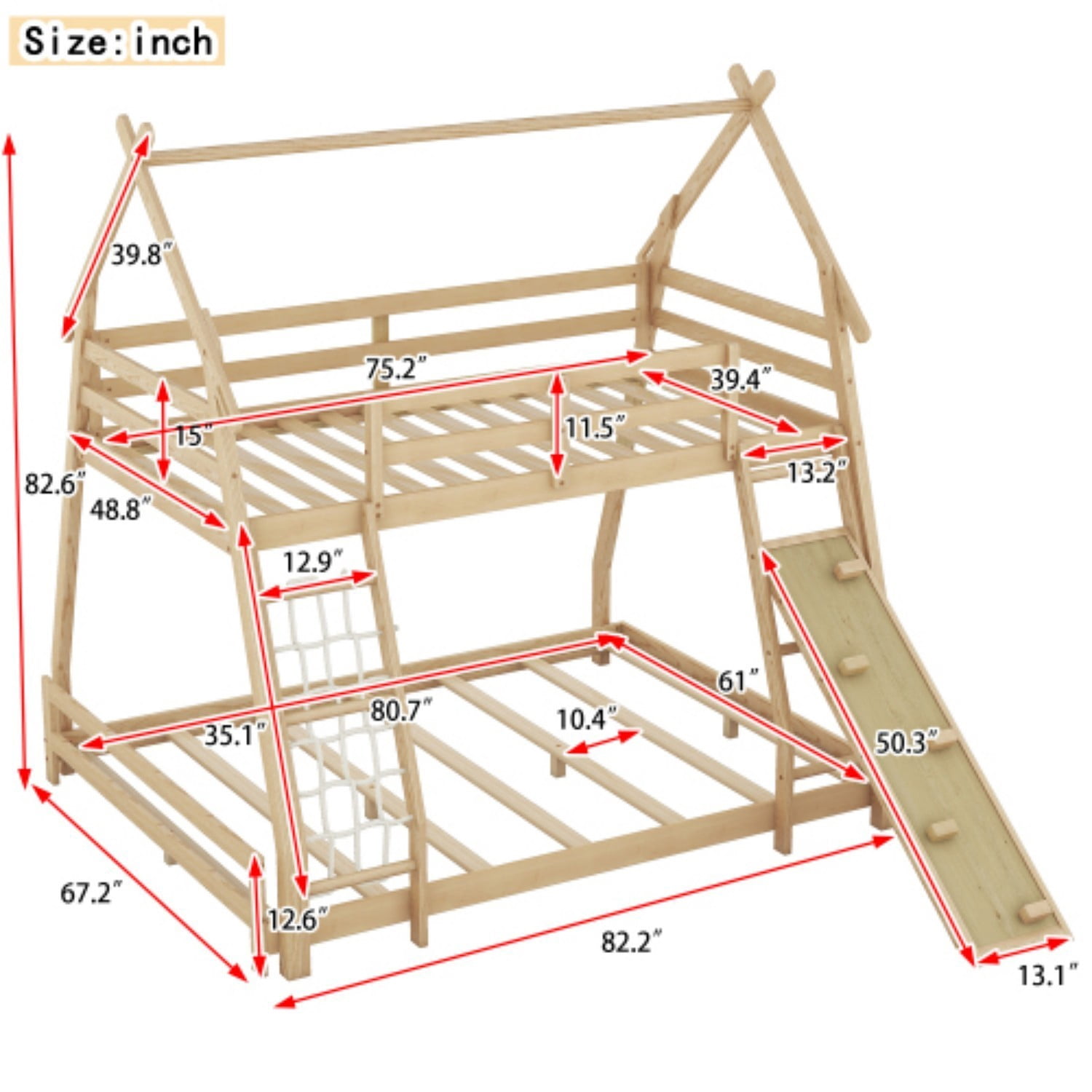 Twin Over Queen House Bunk Bed with Climbing Net & Ramp, Wooden Loft Bed with Guardrails, Space Saving Kids Bunk Bed for Bedroom, Natural