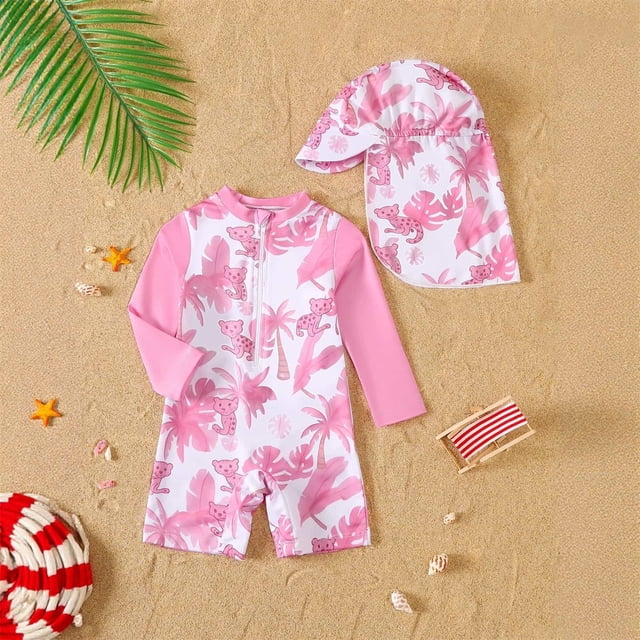 Long Sleeve Rash Guard Swimsuit for Girls with Cute Front Zipper and Printed Design UPF Sun Swimwear