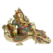 Brass World Brass Ganesha Resting On Couch Statue Home Decor Gift Decorated with Multicolored Stone Ganpati Idol Murti -Height 7.5" Length 11"
