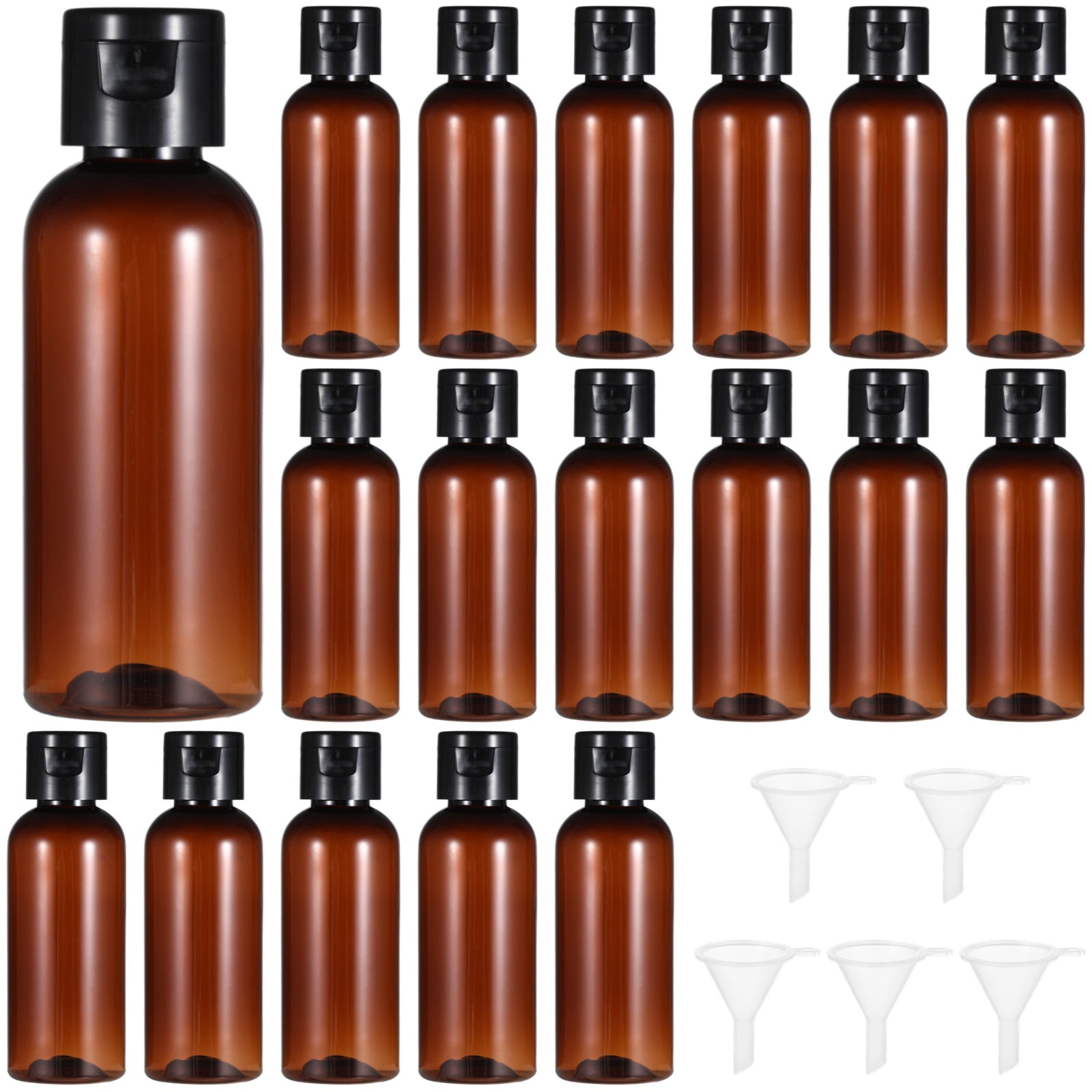 100 PCS 60ml Travel Bottles, Flip Cap Leak-Proof Brown Plastic Containers with Funnels, Refillable Toiletry Bottles for Shampoo & Lotion