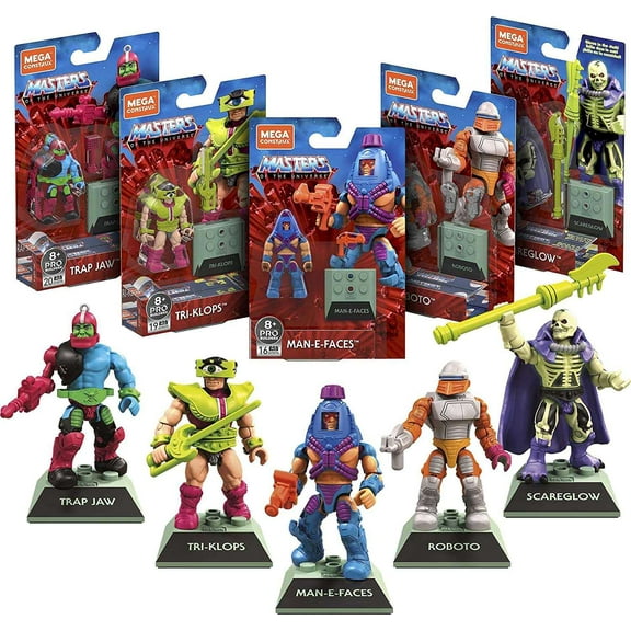Mega Construx Heroes Man-E-Faces, Tri-Klops, Roboto, Scareglow & Trap Jaw Set of 5 Mini Figures