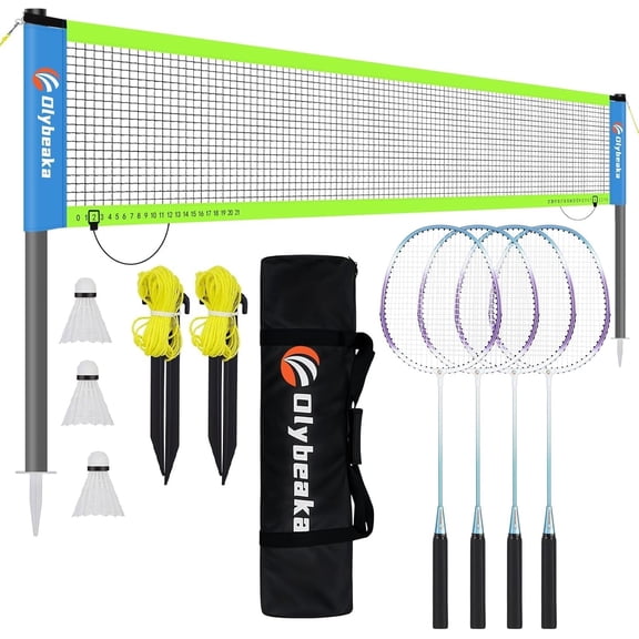 Professional Baminton Set, Portable Badminton Net Set for Backyard with Carring Bag, 4 Aluminum Badminton Rackets, 3 Shuttlecocks - Easy Set Up & Durable