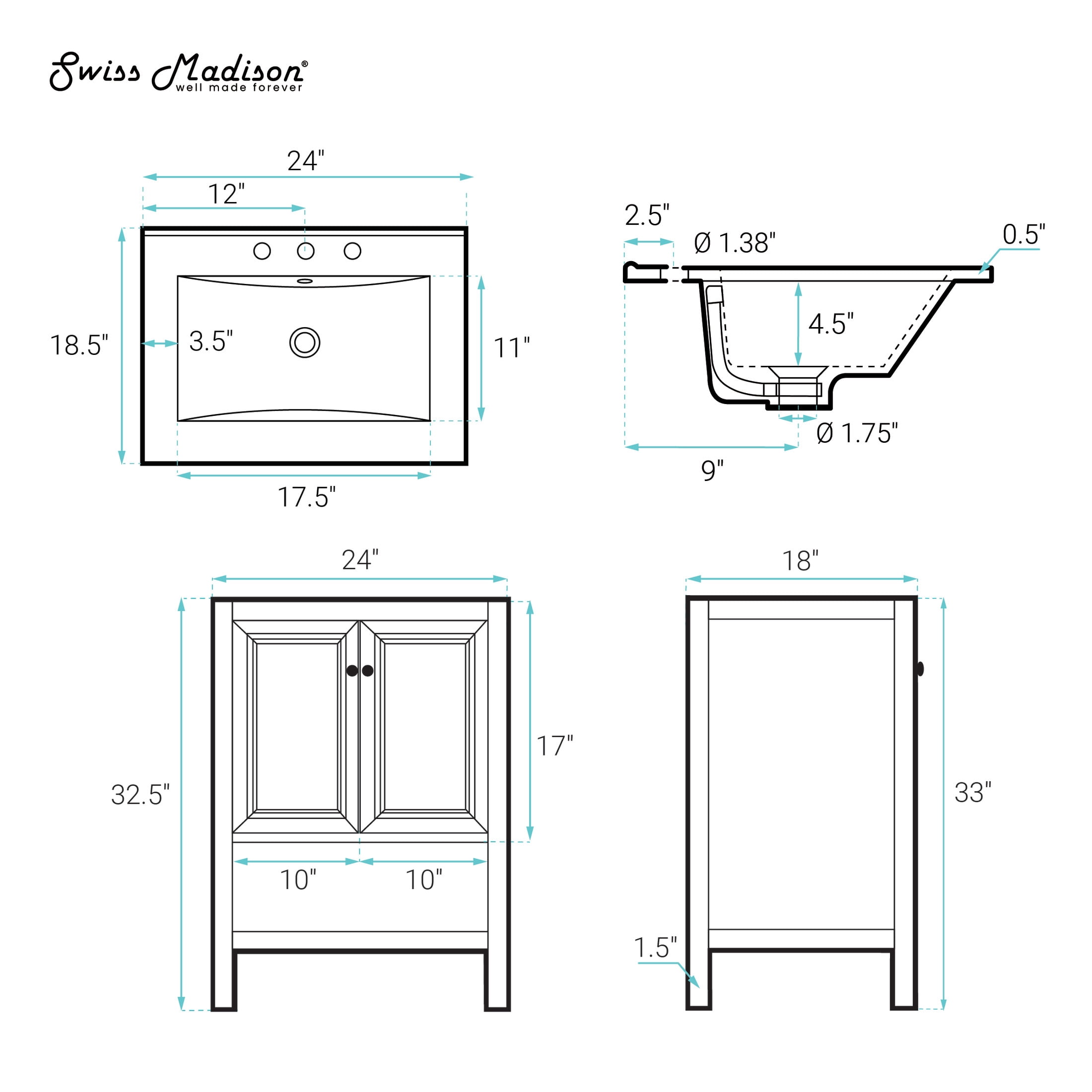 Chateau 24" Freestanding Bathroom Vanity in Black Oak with Black 3-Hole Widespread Sink Top